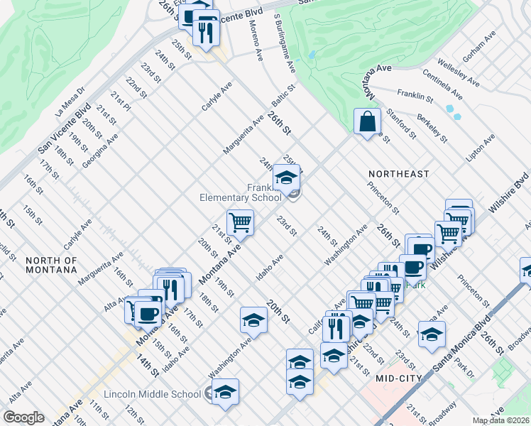 map of restaurants, bars, coffee shops, grocery stores, and more near 2225 Montana Avenue in Santa Monica