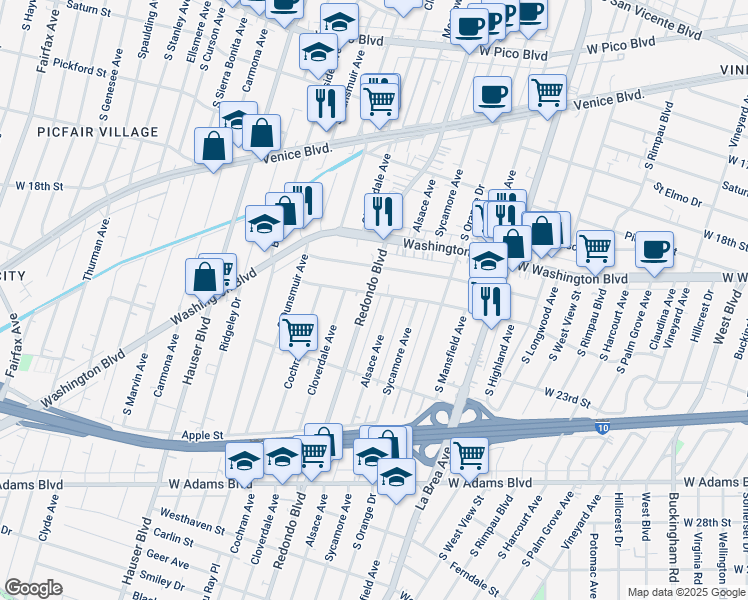 map of restaurants, bars, coffee shops, grocery stores, and more near 5144 West 21st Street in Los Angeles