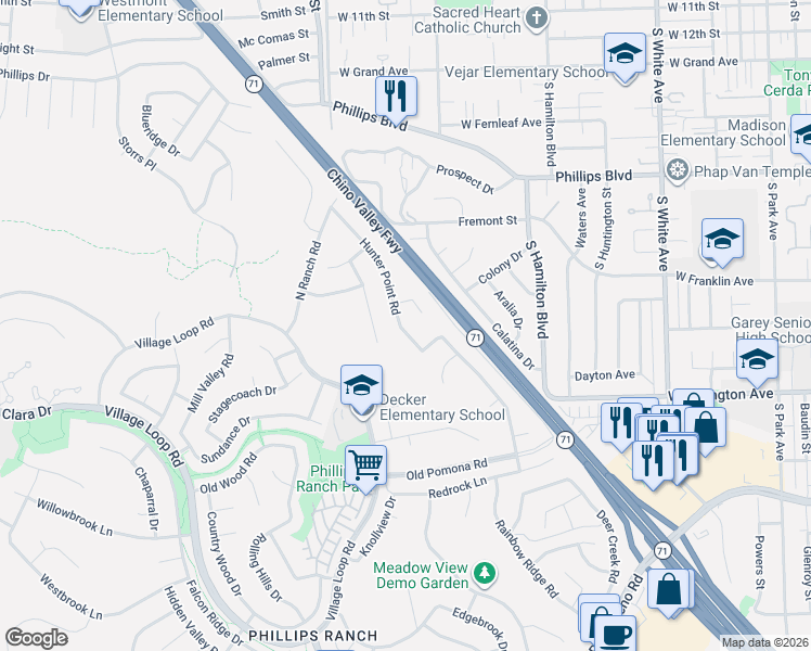 map of restaurants, bars, coffee shops, grocery stores, and more near 66 Hunter Point Road in Pomona