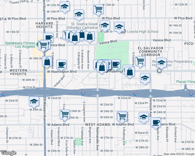 map of restaurants, bars, coffee shops, grocery stores, and more near S Normandie Ave & Cordova St in Los Angeles