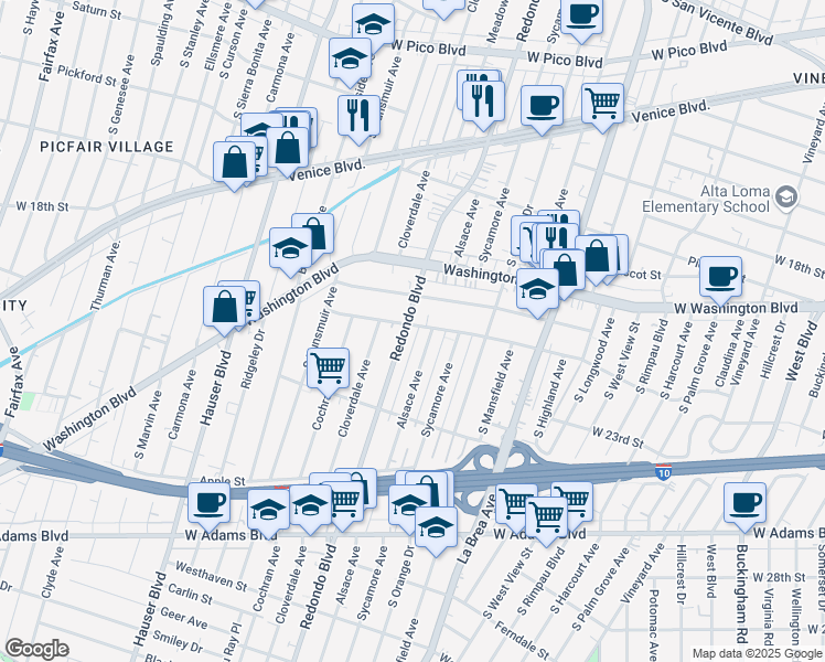 map of restaurants, bars, coffee shops, grocery stores, and more near 5144 West 21st Street in Los Angeles