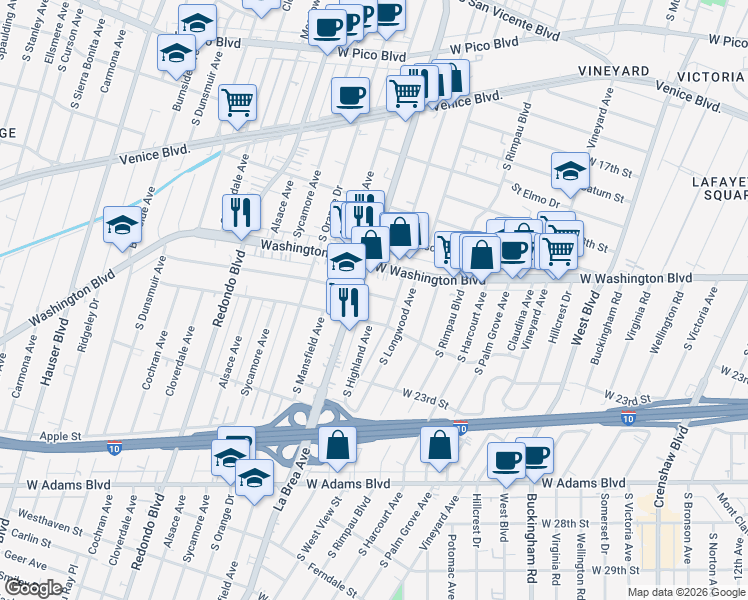 map of restaurants, bars, coffee shops, grocery stores, and more near 4920 West 20th Street in Los Angeles
