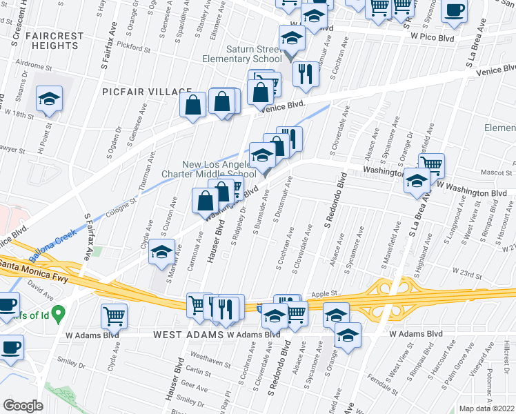 map of restaurants, bars, coffee shops, grocery stores, and more near 2049 Burnside Avenue in Los Angeles