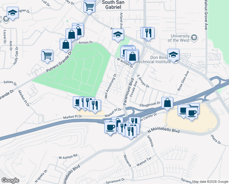 map of restaurants, bars, coffee shops, grocery stores, and more near 326 Ridge Terrace Lane in Montebello