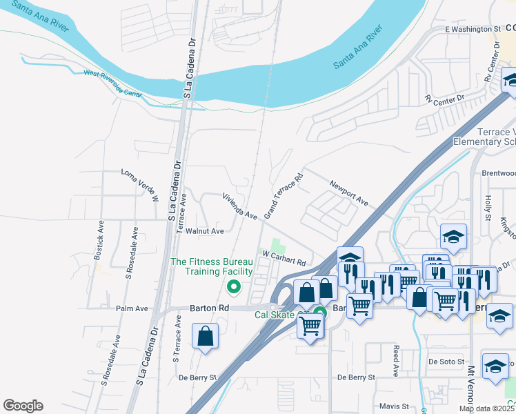 map of restaurants, bars, coffee shops, grocery stores, and more near 21894 Vivienda Avenue in Grand Terrace