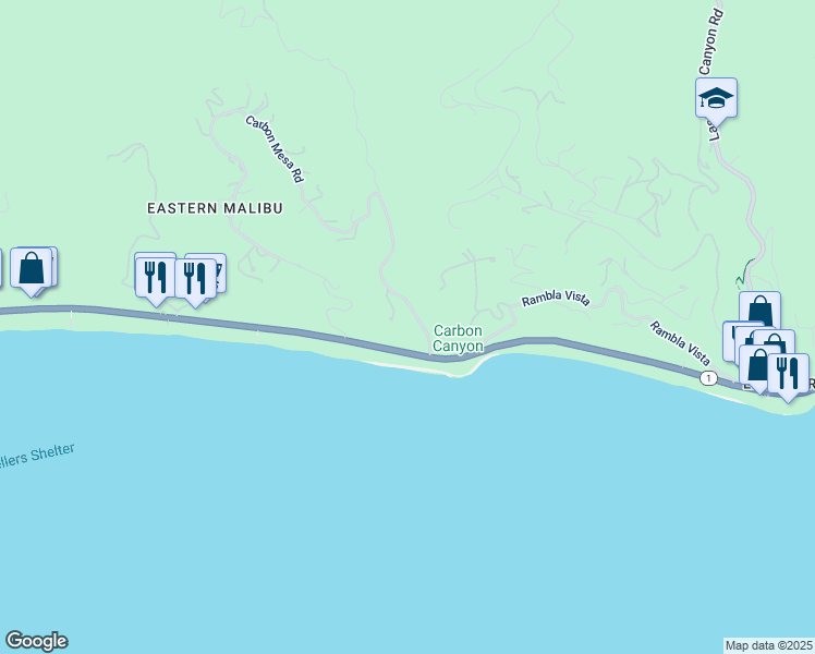 map of restaurants, bars, coffee shops, grocery stores, and more near 3903 Carbon Canyon Road in Malibu