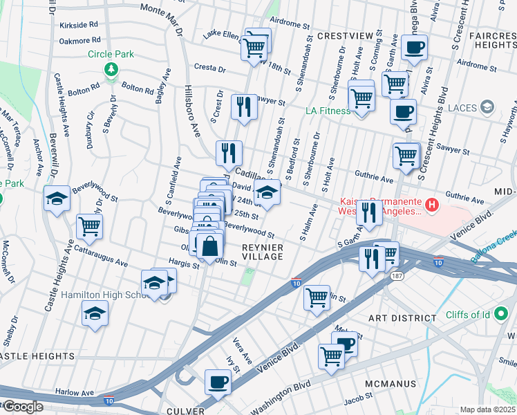 map of restaurants, bars, coffee shops, grocery stores, and more near 8914 West 24th Street in Los Angeles