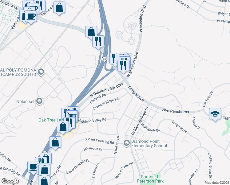 map of restaurants, bars, coffee shops, grocery stores, and more near 1227 Flintlock Road in Diamond Bar