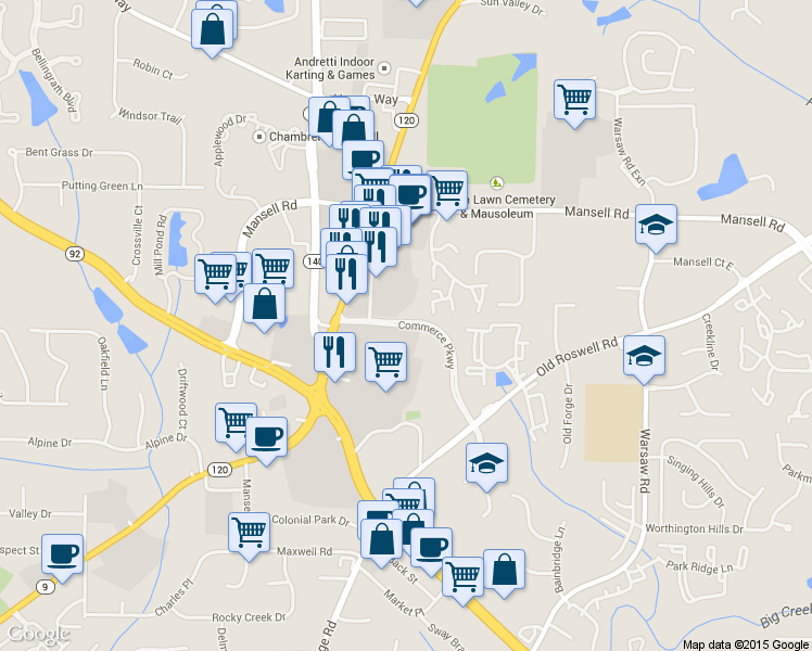 map of restaurants, bars, coffee shops, grocery stores, and more near Commerce Parkway in Roswell