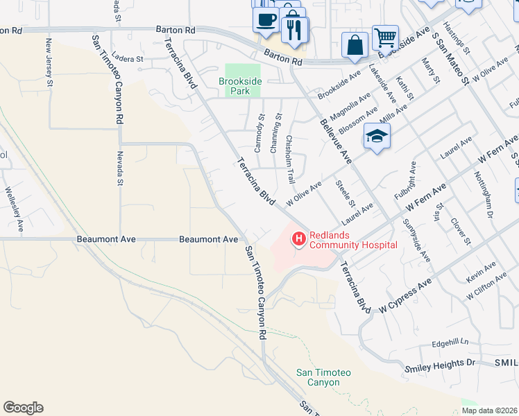 map of restaurants, bars, coffee shops, grocery stores, and more near 132 Terracina Boulevard in Redlands