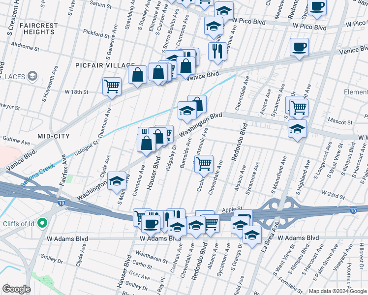 map of restaurants, bars, coffee shops, grocery stores, and more near 2049 Burnside Avenue in Los Angeles