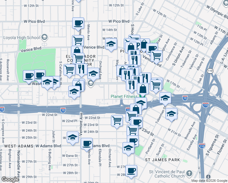 map of restaurants, bars, coffee shops, grocery stores, and more near 1933 Magnolia Avenue in Los Angeles
