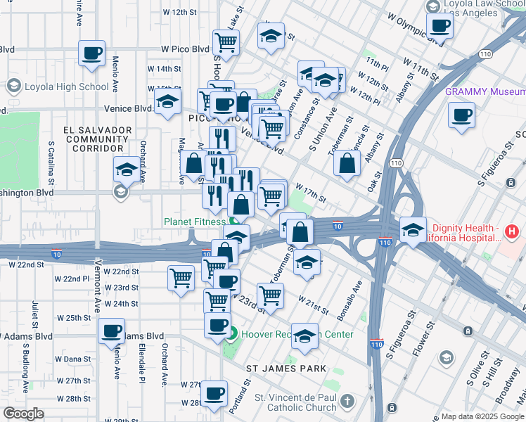 map of restaurants, bars, coffee shops, grocery stores, and more near 1102 West 18th Street in Los Angeles