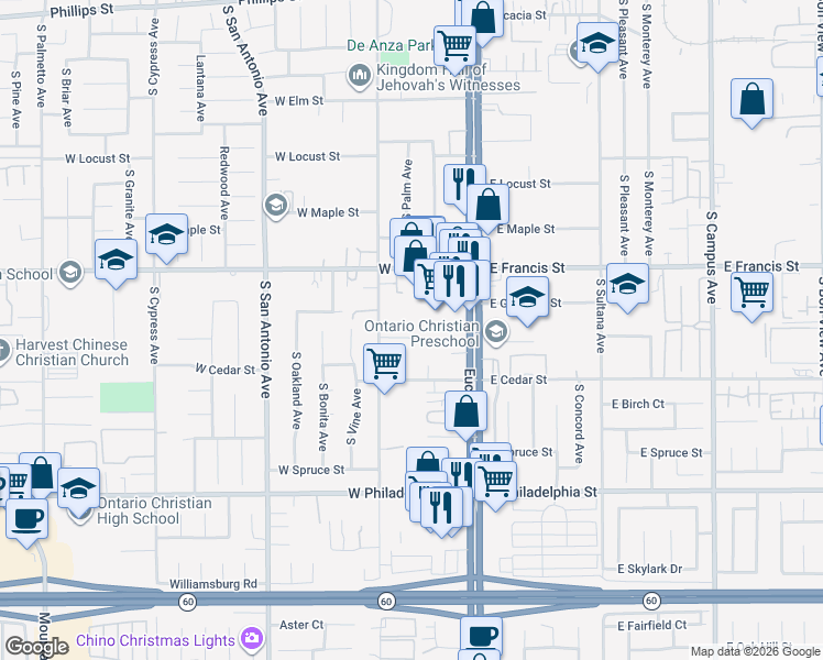 map of restaurants, bars, coffee shops, grocery stores, and more near 328 Manzanita Court in Ontario