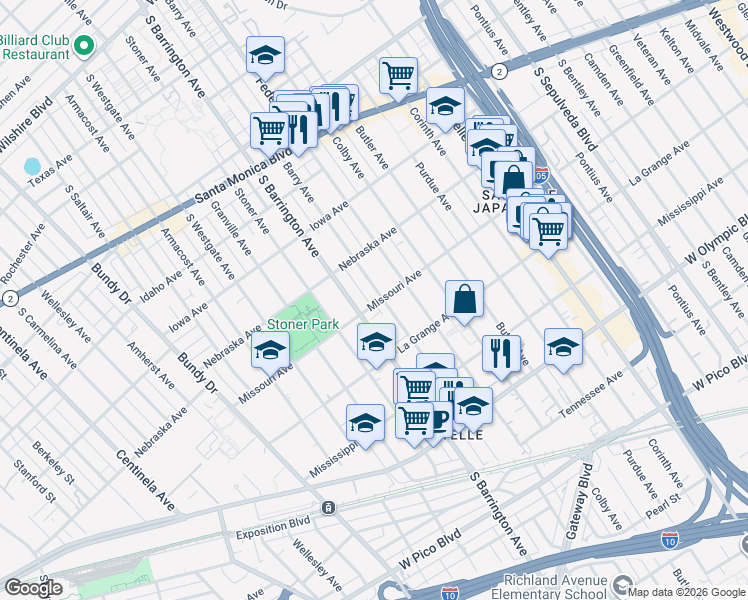 map of restaurants, bars, coffee shops, grocery stores, and more near 1859 Barry Avenue in Los Angeles