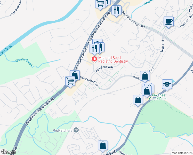 map of restaurants, bars, coffee shops, grocery stores, and more near 1319 Park Pass Way in Suwanee