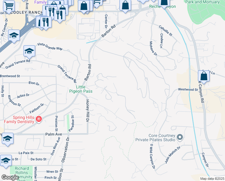 map of restaurants, bars, coffee shops, grocery stores, and more near 23204 Thompson Drive in Grand Terrace