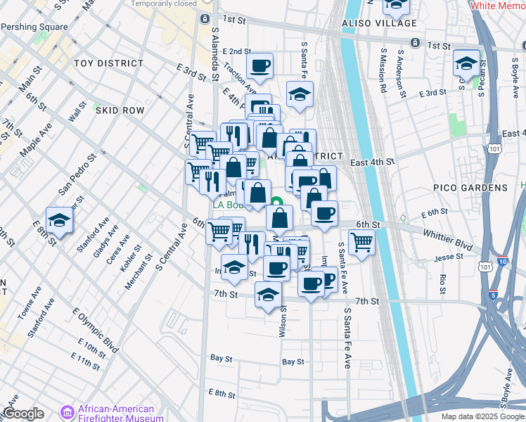 map of restaurants, bars, coffee shops, grocery stores, and more near 1240 Palmetto Street in Los Angeles