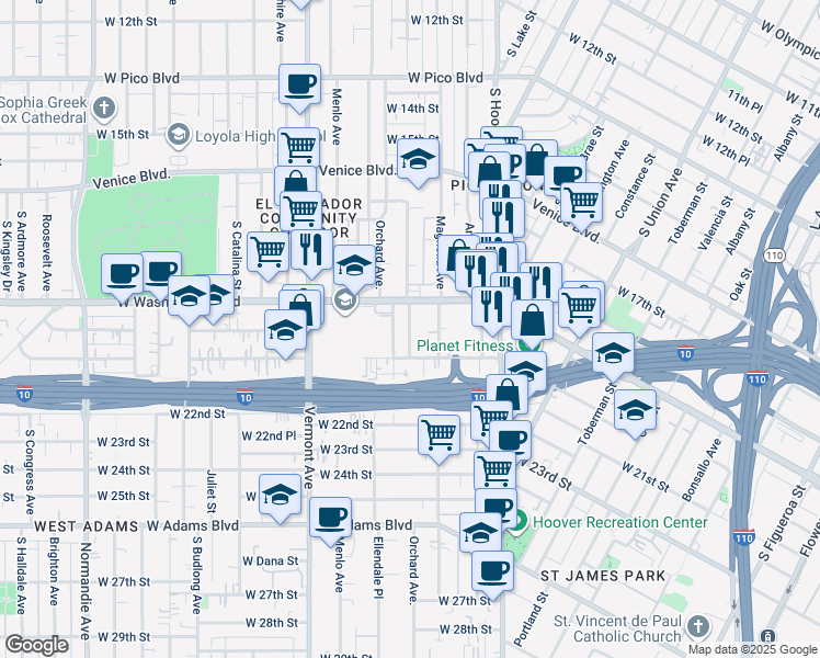 map of restaurants, bars, coffee shops, grocery stores, and more near 1408 West Washington Boulevard in Los Angeles