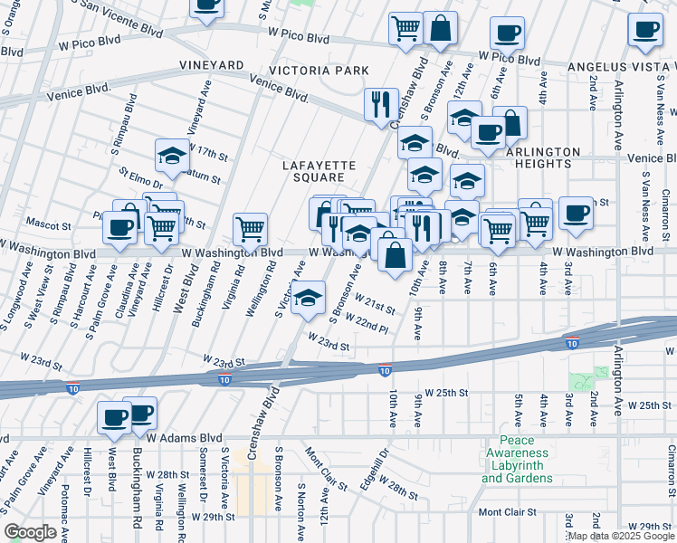 map of restaurants, bars, coffee shops, grocery stores, and more near 1923 South Bronson Avenue in Los Angeles