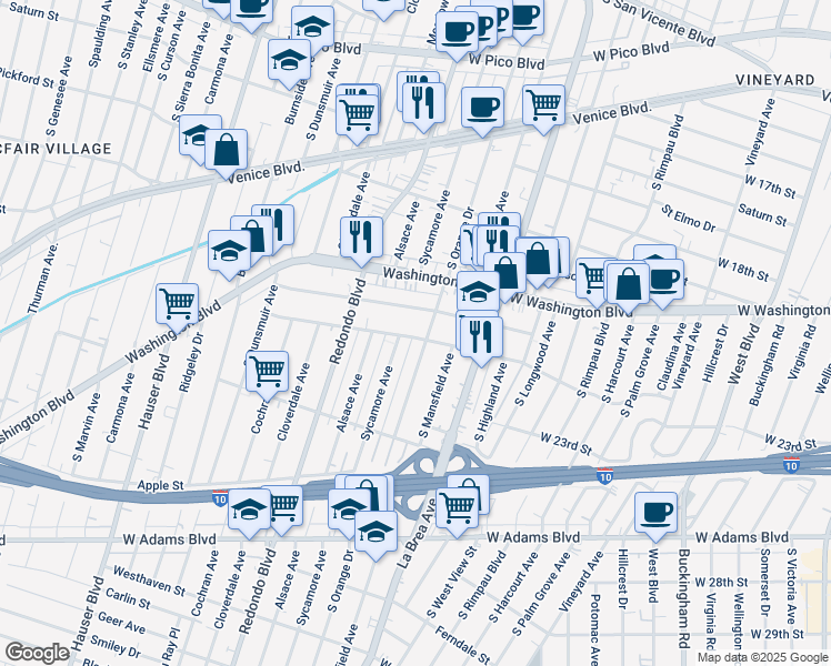 map of restaurants, bars, coffee shops, grocery stores, and more near 5107 West 21st Street in Los Angeles