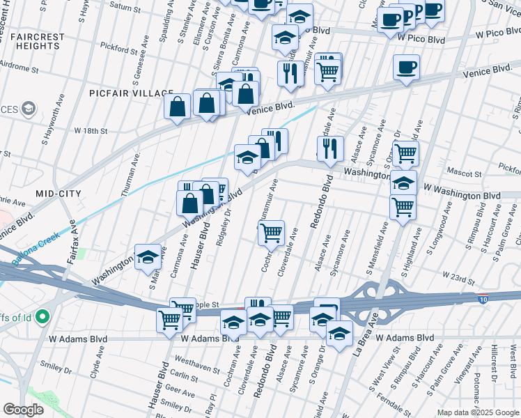 map of restaurants, bars, coffee shops, grocery stores, and more near 2026 South Burnside Avenue in Los Angeles
