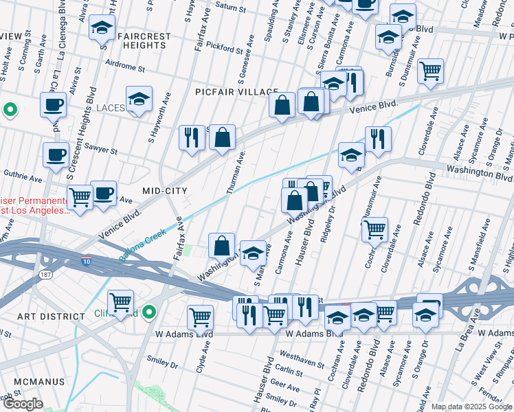 map of restaurants, bars, coffee shops, grocery stores, and more near 2023 South Curson Avenue in Los Angeles
