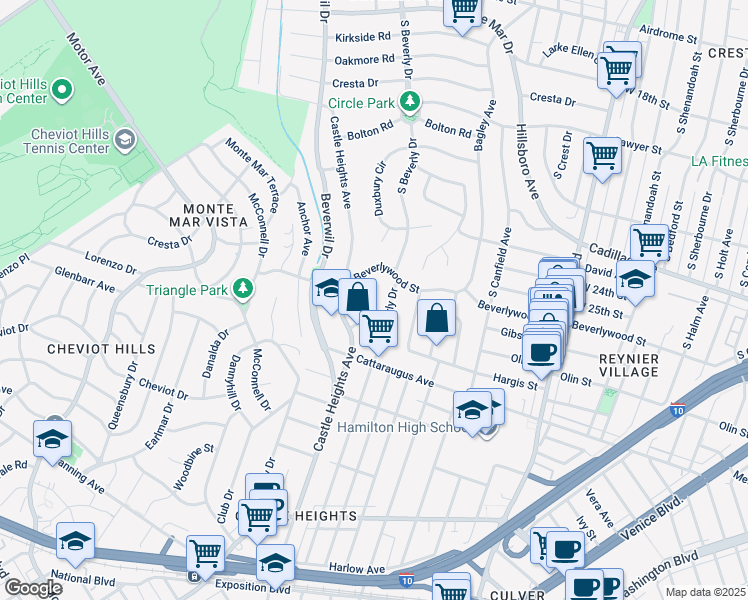 map of restaurants, bars, coffee shops, grocery stores, and more near 2618 Castle Heights Place in Los Angeles