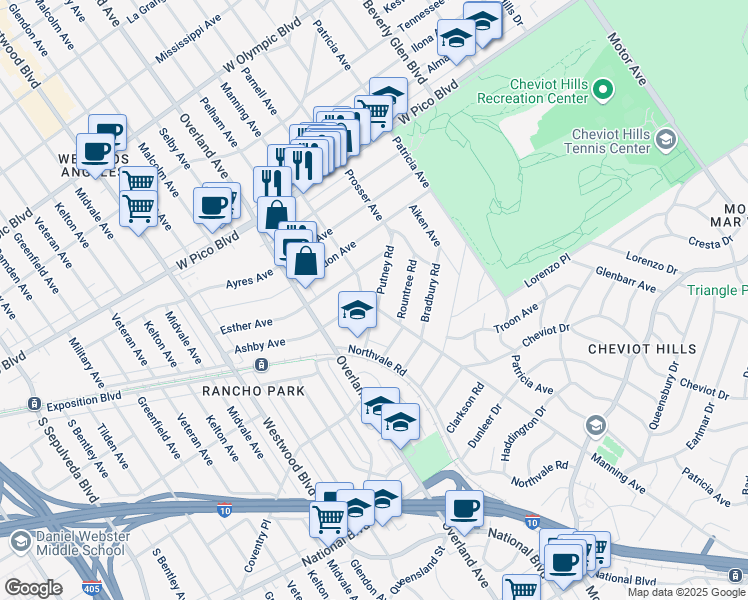 map of restaurants, bars, coffee shops, grocery stores, and more near 10568 Putney Road in Los Angeles