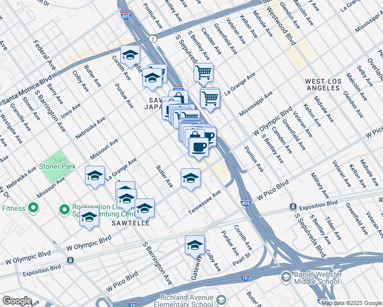 map of restaurants, bars, coffee shops, grocery stores, and more near 11315 Mississippi Avenue in Los Angeles