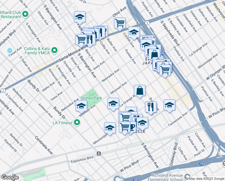 map of restaurants, bars, coffee shops, grocery stores, and more near 11637 Missouri Avenue in Los Angeles