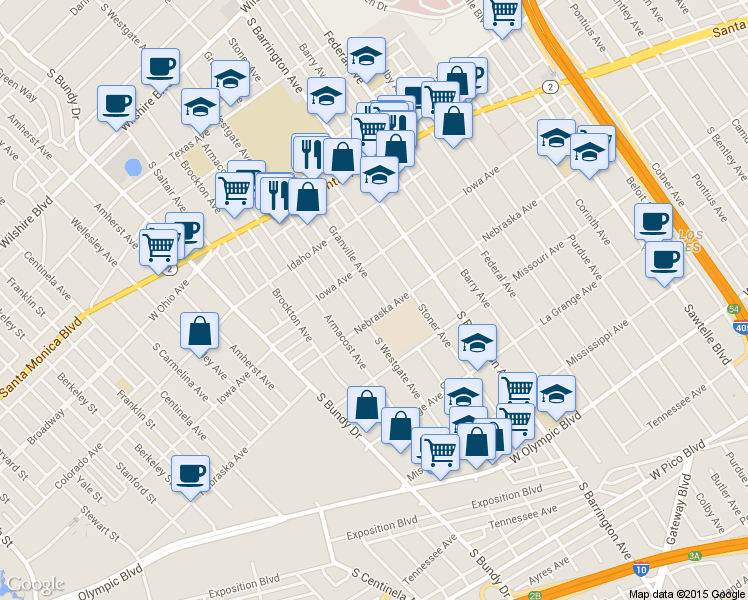 map of restaurants, bars, coffee shops, grocery stores, and more near 1734 Granville Avenue in Los Angeles