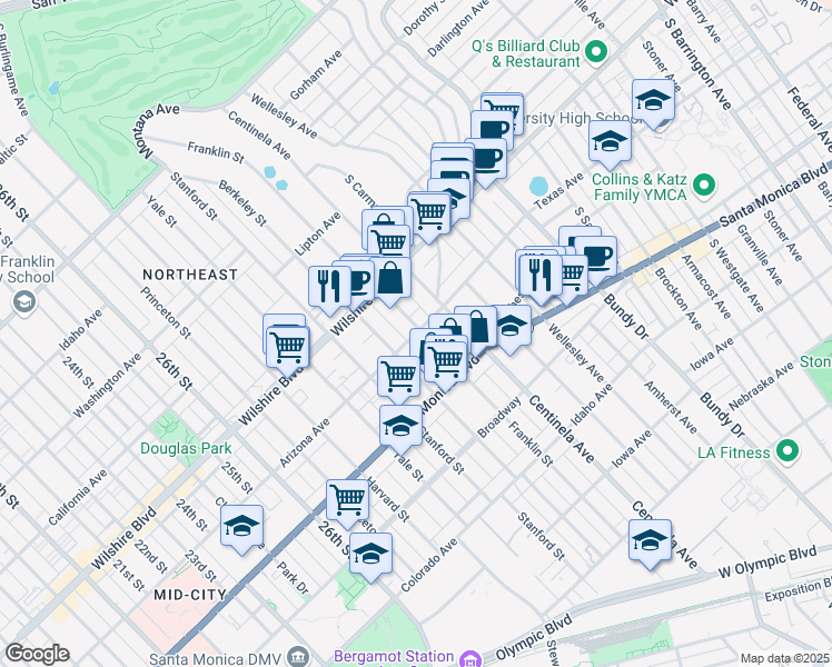 map of restaurants, bars, coffee shops, grocery stores, and more near 1257 Franklin Street in Santa Monica