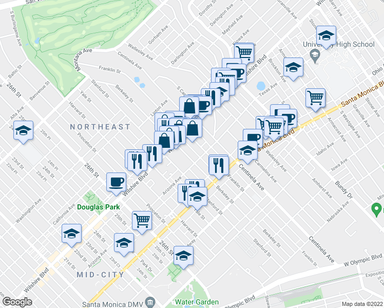 map of restaurants, bars, coffee shops, grocery stores, and more near 1226 Franklin Street in Santa Monica