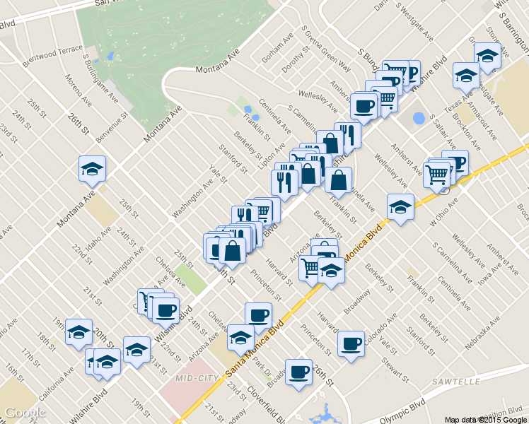 map of restaurants, bars, coffee shops, grocery stores, and more near in Santa Monica