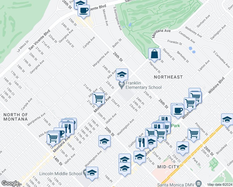 map of restaurants, bars, coffee shops, grocery stores, and more near 754 23rd Street in Santa Monica