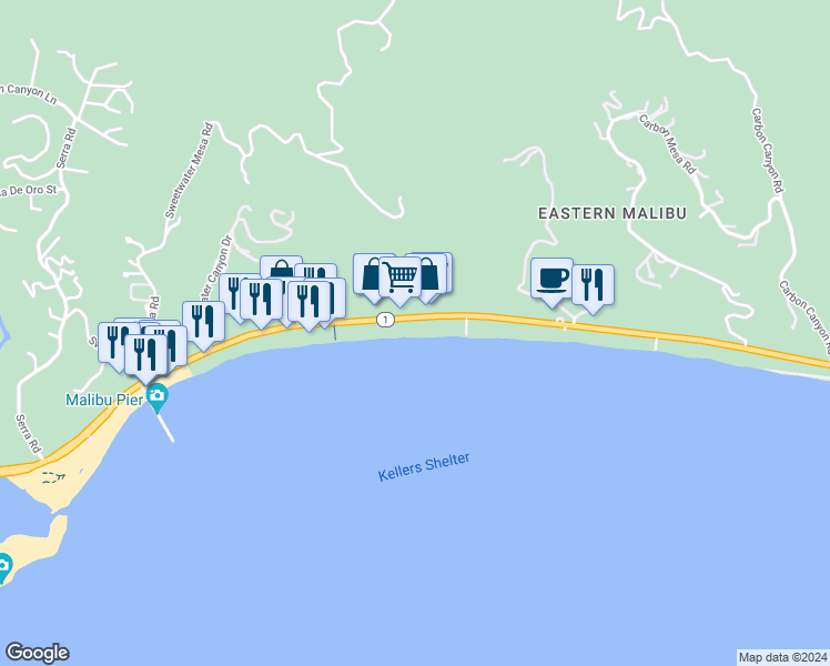 map of restaurants, bars, coffee shops, grocery stores, and more near 22548 California 1 in Malibu
