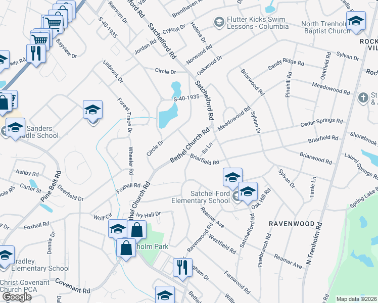 map of restaurants, bars, coffee shops, grocery stores, and more near 4903 Stork Road in Columbia