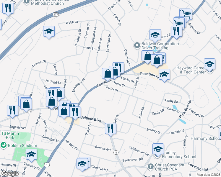 map of restaurants, bars, coffee shops, grocery stores, and more near 3324 Two Notch Road in Columbia