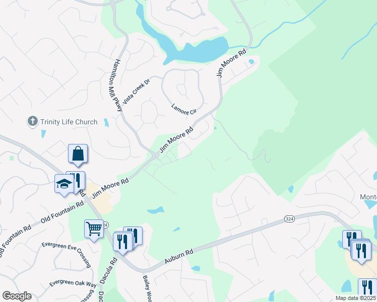 map of restaurants, bars, coffee shops, grocery stores, and more near 1264 Six Sisters Street in Dacula