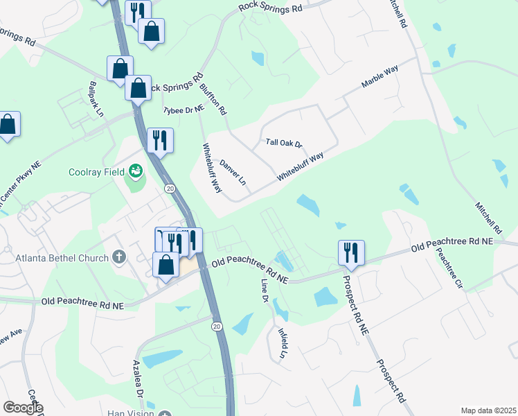 map of restaurants, bars, coffee shops, grocery stores, and more near 2505 Whistler Way Northeast in Lawrenceville