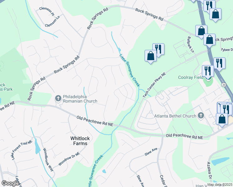 map of restaurants, bars, coffee shops, grocery stores, and more near 2629 Pierce Brennen Court Northeast in Lawrenceville