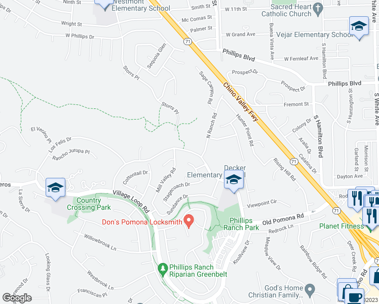 map of restaurants, bars, coffee shops, grocery stores, and more near 35 Village Loop Road in Pomona