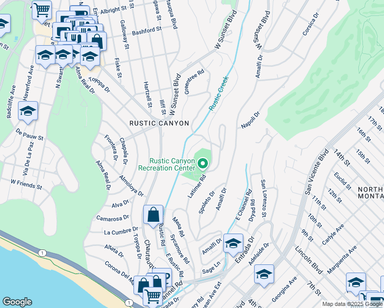map of restaurants, bars, coffee shops, grocery stores, and more near 630 Hightree Road in Santa Monica