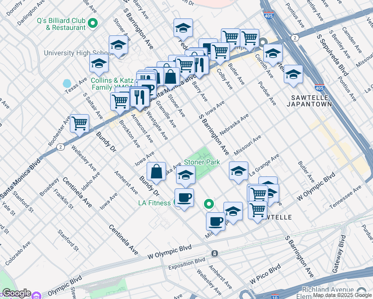 map of restaurants, bars, coffee shops, grocery stores, and more near 1741 Granville Avenue in Los Angeles