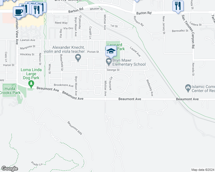 map of restaurants, bars, coffee shops, grocery stores, and more near 26403 Antonio Circle in Loma Linda