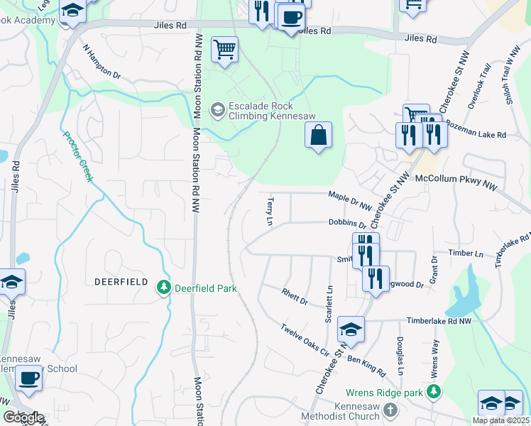 map of restaurants, bars, coffee shops, grocery stores, and more near 3521 Terry Lane in Kennesaw