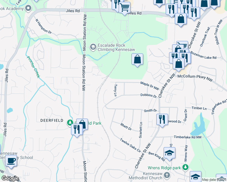 map of restaurants, bars, coffee shops, grocery stores, and more near 3521 Terry Lane in Kennesaw
