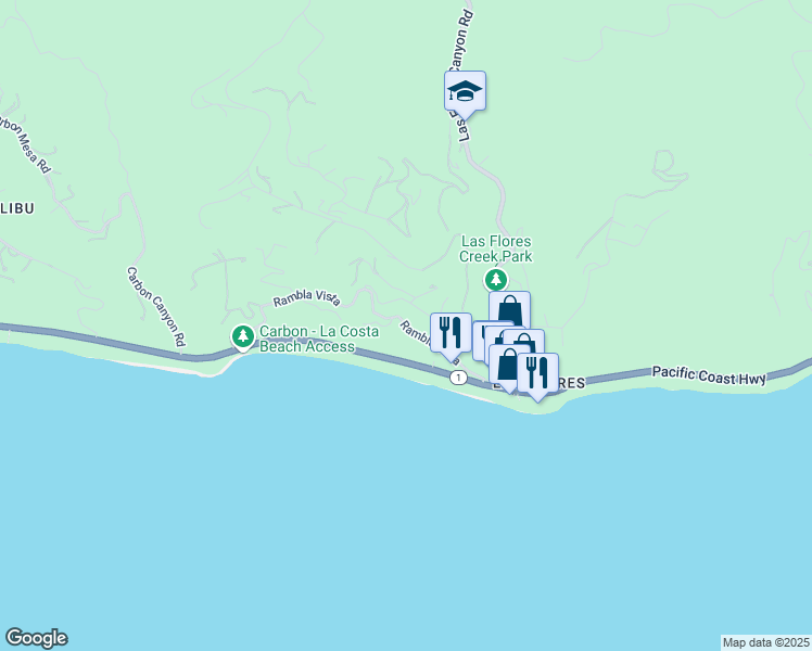 map of restaurants, bars, coffee shops, grocery stores, and more near 21415 Rambla Vista in Malibu