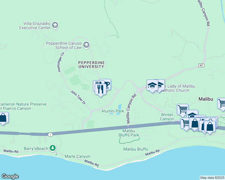 map of restaurants, bars, coffee shops, grocery stores, and more near 24255 Pacific Coast Highway in Malibu